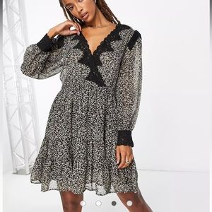 Topshop lace trim ditsy mini dress in multi size 6